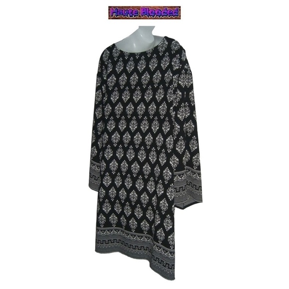 Pacific Beach Bohemian Shirt Dress Black & White Boho Print Tie Neck Plus Sz 3X - Picture 9 of 13